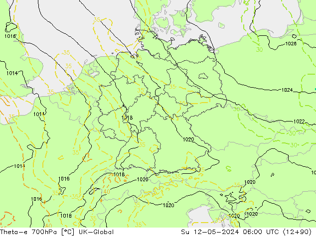 Theta-e 700hPa UK-Global dim 12.05.2024 06 UTC