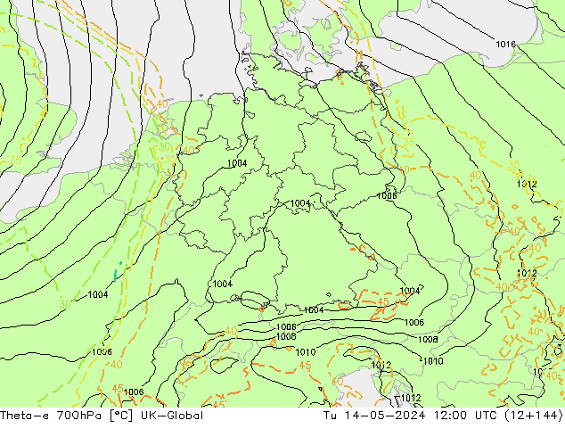 Theta-e 700hPa UK-Global Tu 14.05.2024 12 UTC