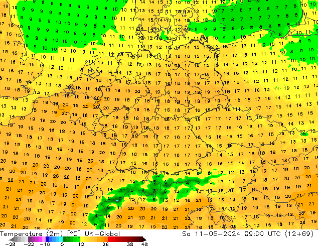 Temperaturkarte (2m) UK-Global Sa 11.05.2024 09 UTC