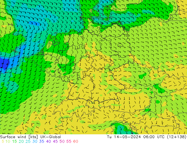Surface wind UK-Global Út 14.05.2024 06 UTC