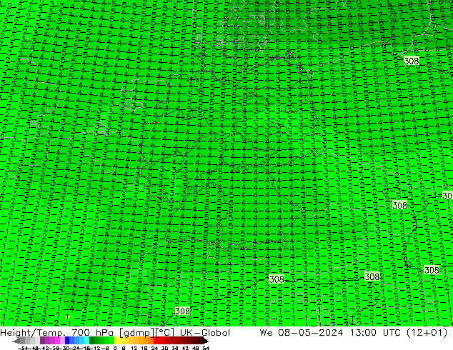 Height/Temp. 700 hPa UK-Global 星期三 08.05.2024 13 UTC