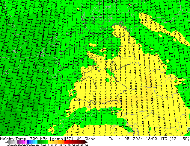 Height/Temp. 700 hPa UK-Global Út 14.05.2024 18 UTC