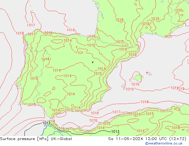 Pressione al suolo UK-Global sab 11.05.2024 12 UTC