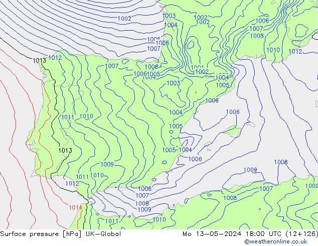 Surface pressure UK-Global Mo 13.05.2024 18 UTC
