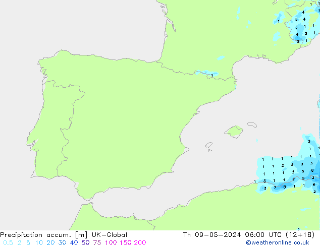 Precipitation accum. UK-Global Th 09.05.2024 06 UTC