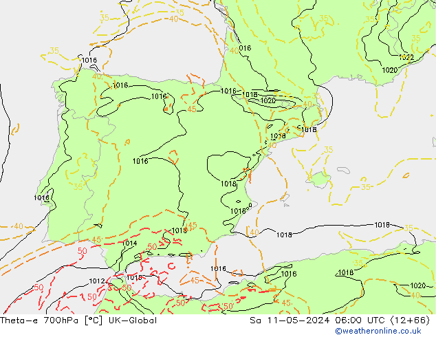 Theta-e 700hPa UK-Global Sáb 11.05.2024 06 UTC
