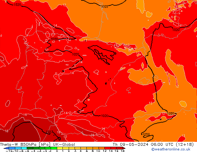 Theta-W 850hPa UK-Global Th 09.05.2024 06 UTC