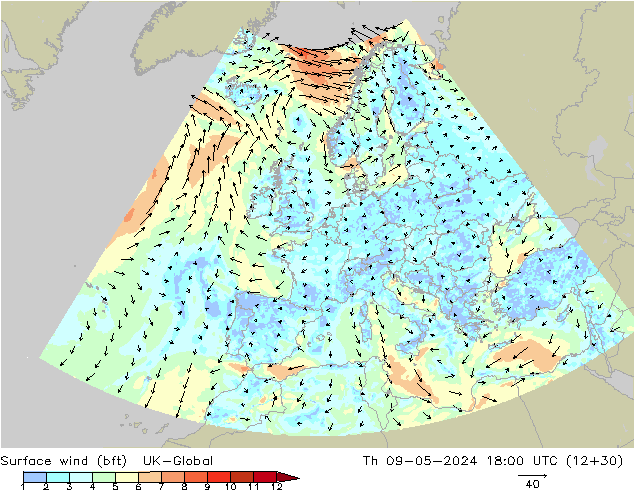 Surface wind (bft) UK-Global Th 09.05.2024 18 UTC