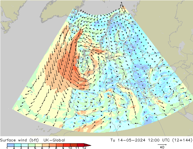 wiatr 10 m (bft) UK-Global wto. 14.05.2024 12 UTC