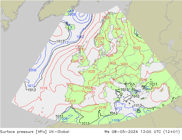 pressão do solo UK-Global Qua 08.05.2024 13 UTC