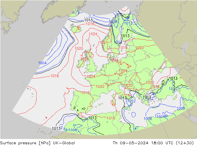 Surface pressure UK-Global Th 09.05.2024 18 UTC