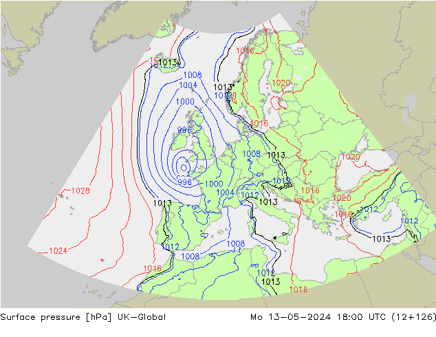 Atmosférický tlak UK-Global Po 13.05.2024 18 UTC