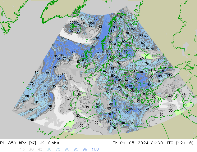 RH 850 hPa UK-Global Do 09.05.2024 06 UTC