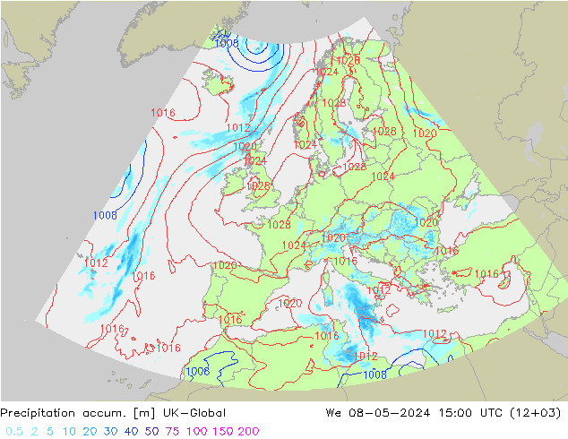 Precipitation accum. UK-Global 星期三 08.05.2024 15 UTC