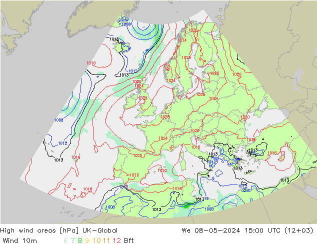 High wind areas UK-Global 星期三 08.05.2024 15 UTC