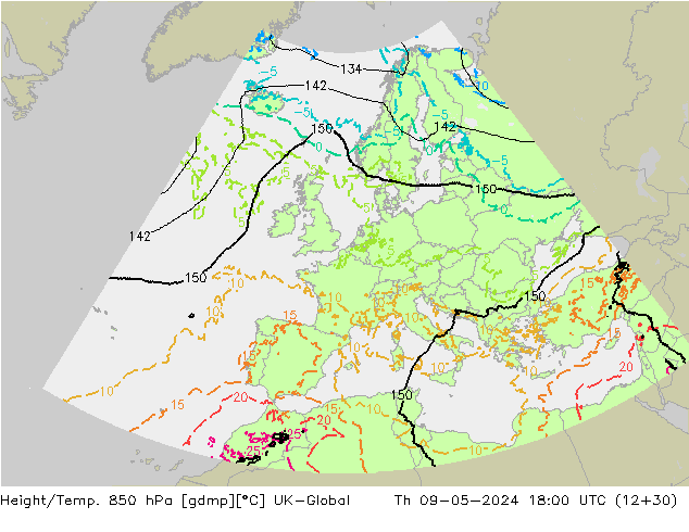 Height/Temp. 850 hPa UK-Global czw. 09.05.2024 18 UTC