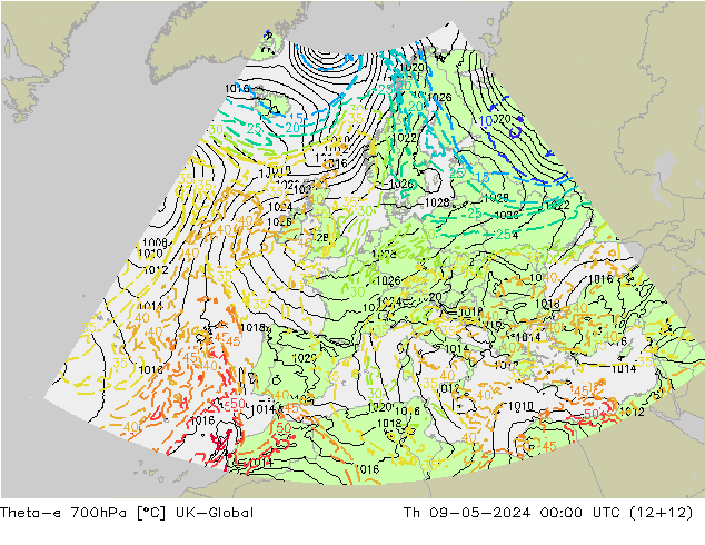 Theta-e 700hPa UK-Global Th 09.05.2024 00 UTC