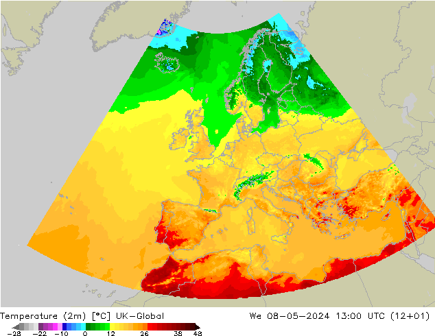 Temperaturkarte (2m) UK-Global Mi 08.05.2024 13 UTC