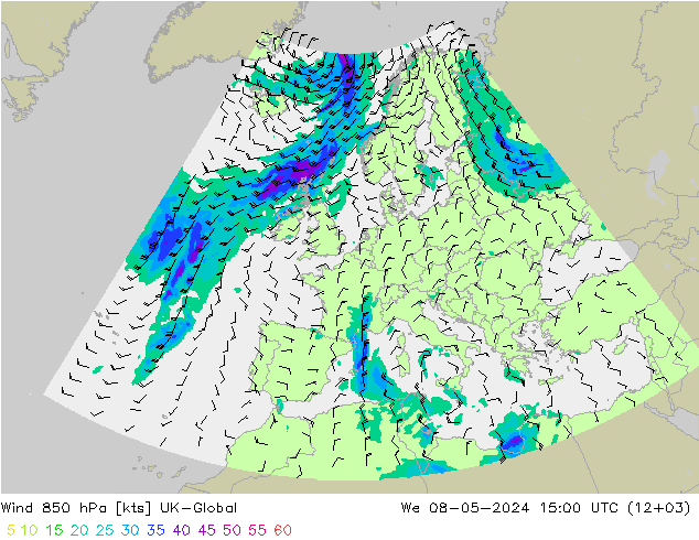 风 850 hPa UK-Global 星期三 08.05.2024 15 UTC
