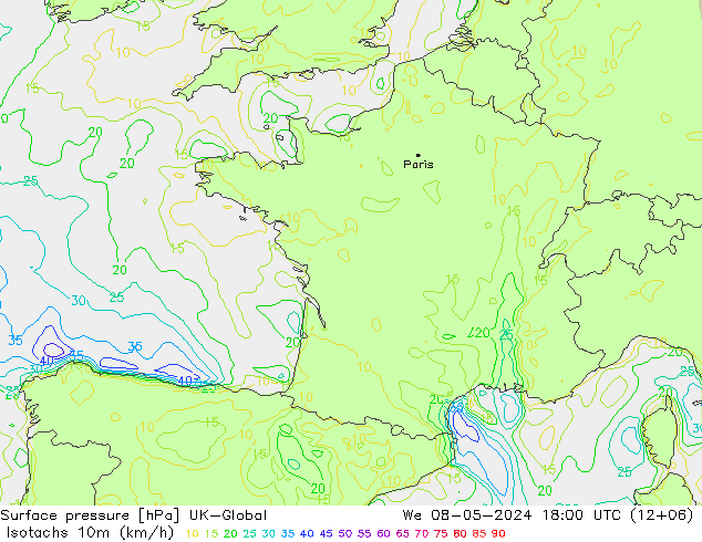 Isotachen (km/h) UK-Global Mi 08.05.2024 18 UTC