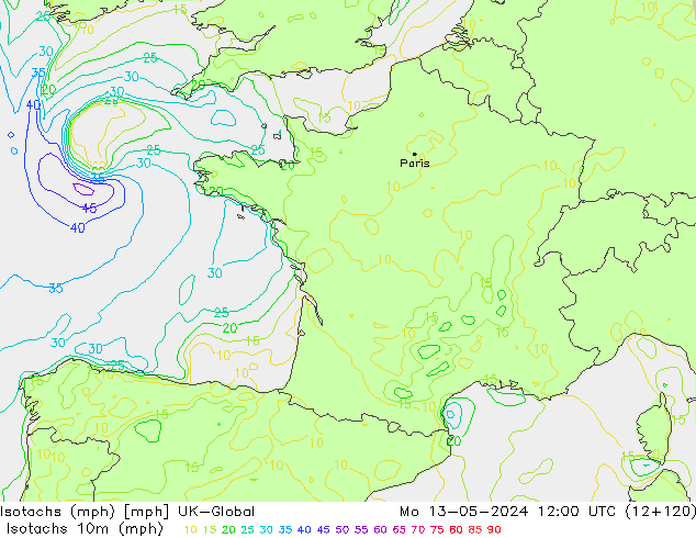 Isotachs (mph) UK-Global Po 13.05.2024 12 UTC