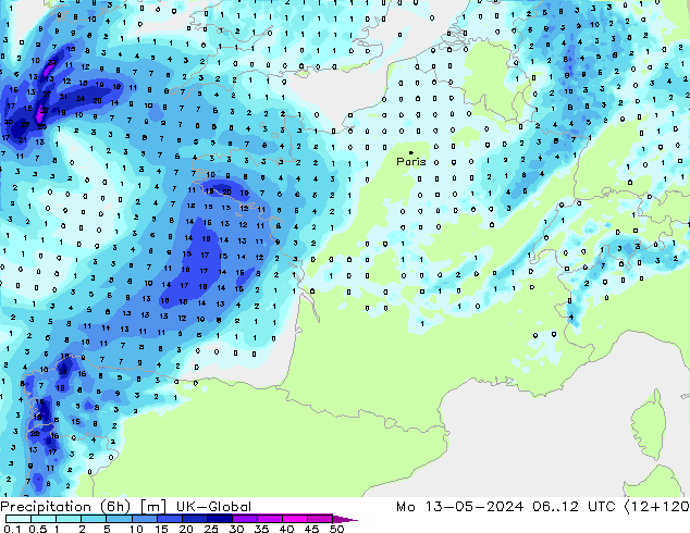 Precipitation (6h) UK-Global Po 13.05.2024 12 UTC