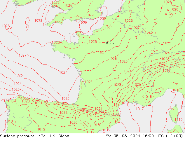 pressão do solo UK-Global Qua 08.05.2024 15 UTC