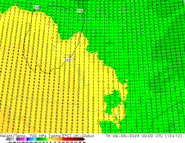 Height/Temp. 700 hPa UK-Global Th 09.05.2024 00 UTC