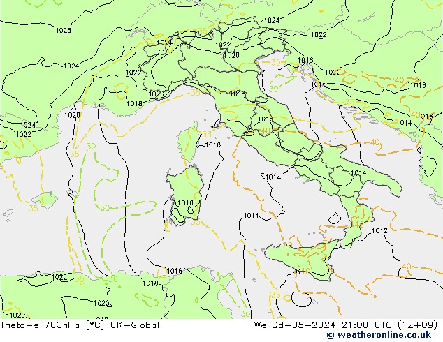 Theta-e 700hPa UK-Global Çar 08.05.2024 21 UTC