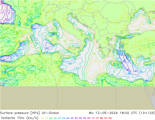Isotachs (kph) UK-Global Mo 13.05.2024 18 UTC