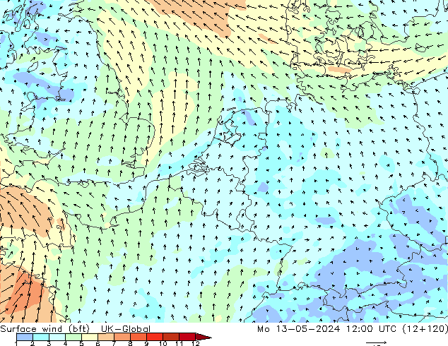 Surface wind (bft) UK-Global Po 13.05.2024 12 UTC