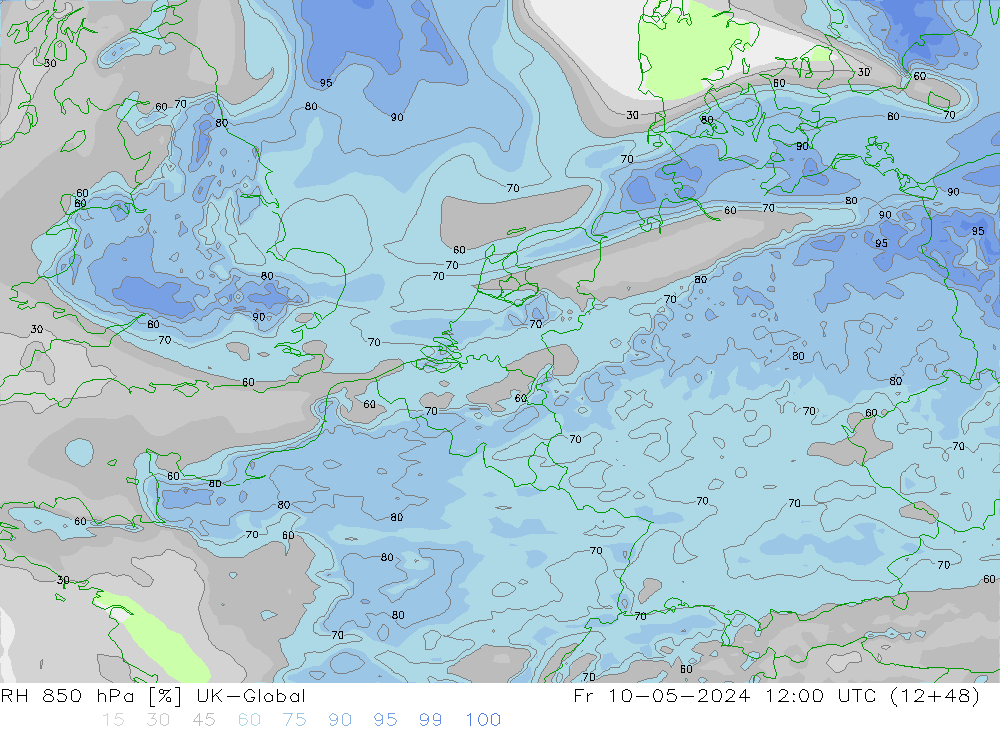Humidité rel. 850 hPa UK-Global ven 10.05.2024 12 UTC