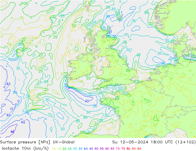 Eşrüzgar Hızları (km/sa) UK-Global Paz 12.05.2024 18 UTC