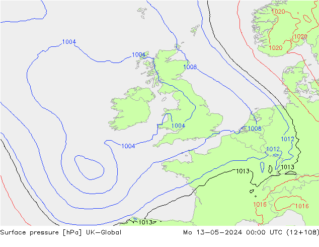 Surface pressure UK-Global Mo 13.05.2024 00 UTC