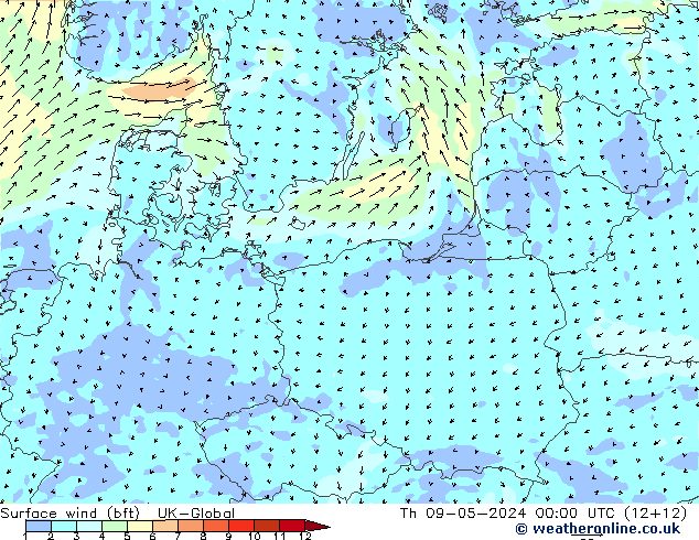 Wind 10 m (bft) UK-Global do 09.05.2024 00 UTC