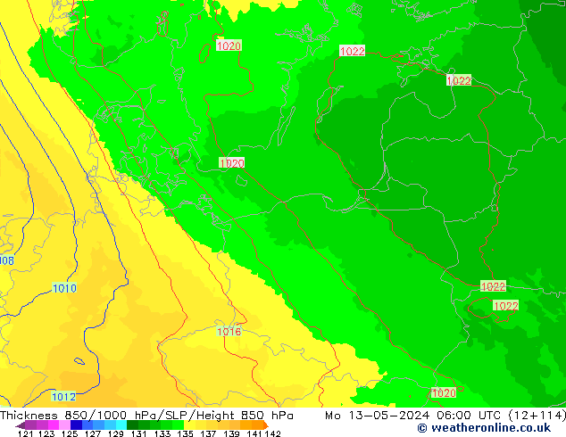 Dikte 850-1000 hPa UK-Global ma 13.05.2024 06 UTC