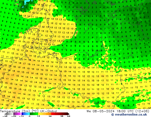 Temperature (2m) UK-Global We 08.05.2024 18 UTC