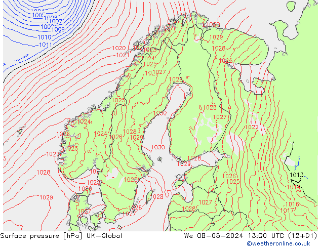 地面气压 UK-Global 星期三 08.05.2024 13 UTC