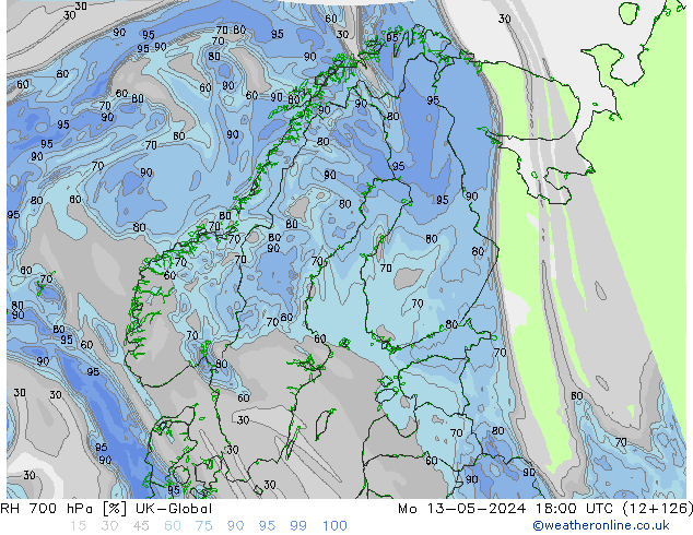 Humedad rel. 700hPa UK-Global lun 13.05.2024 18 UTC