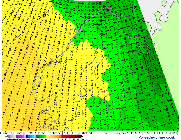 Height/Temp. 850 hPa UK-Global  12.05.2024 06 UTC