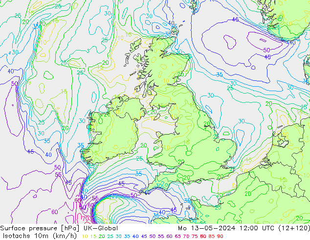 Eşrüzgar Hızları (km/sa) UK-Global Pzt 13.05.2024 12 UTC