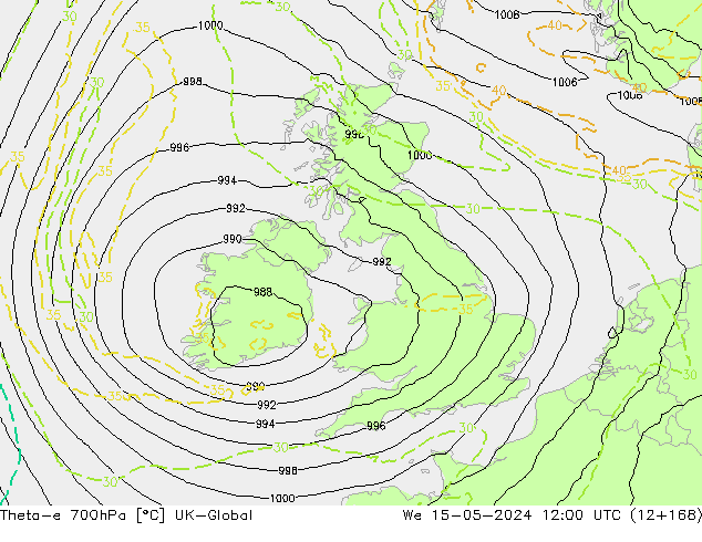 Theta-e 700hPa UK-Global wo 15.05.2024 12 UTC