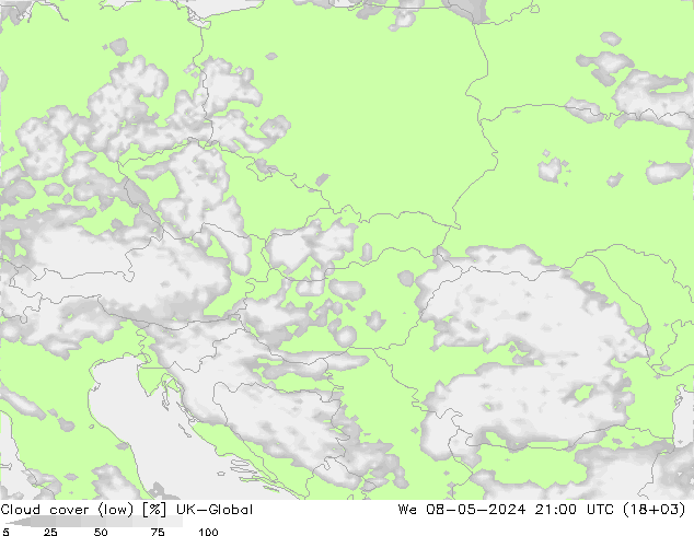 Cloud cover (low) UK-Global We 08.05.2024 21 UTC