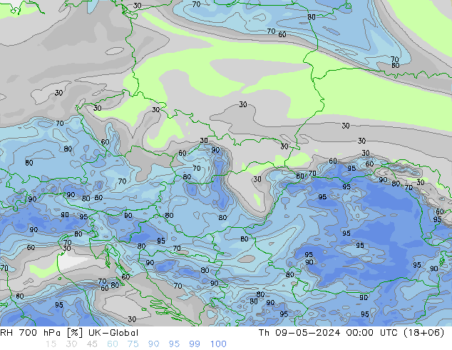 RH 700 hPa UK-Global Th 09.05.2024 00 UTC