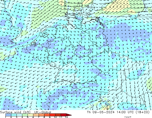 Surface wind (bft) UK-Global Th 09.05.2024 14 UTC
