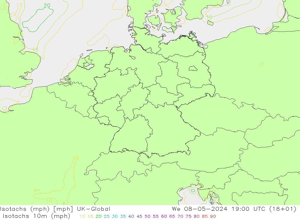 Isotachen (mph) UK-Global wo 08.05.2024 19 UTC
