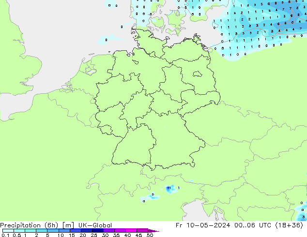 Precipitation (6h) UK-Global Fr 10.05.2024 06 UTC