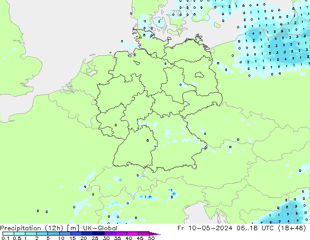 Precipitation (12h) UK-Global Fr 10.05.2024 18 UTC