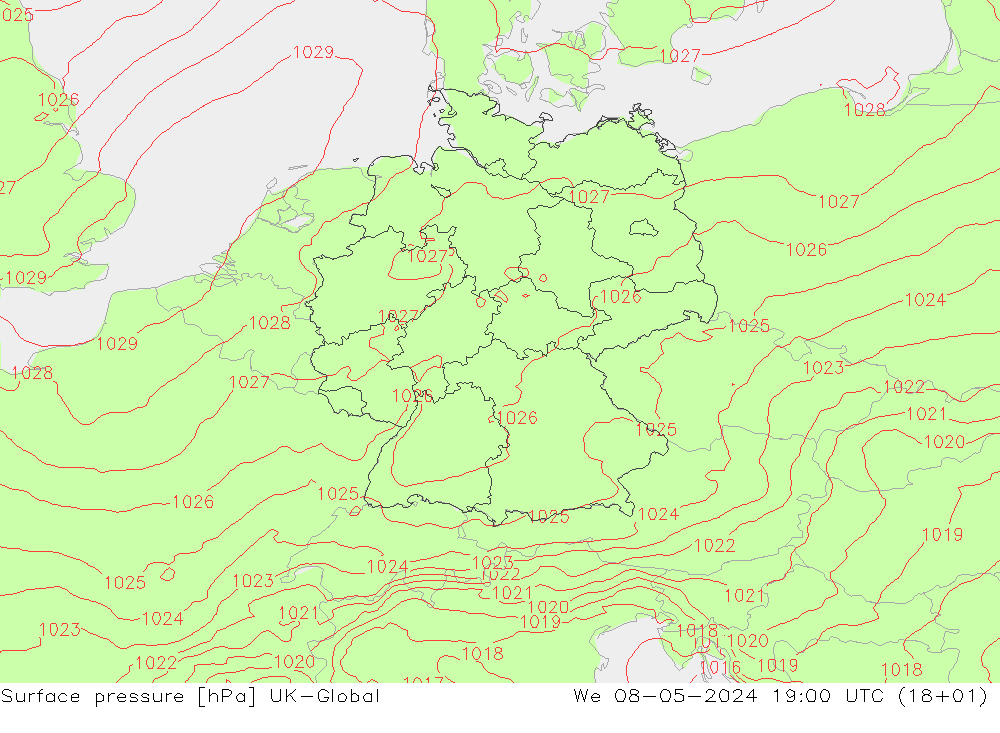 地面气压 UK-Global 星期三 08.05.2024 19 UTC