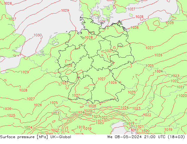 Pressione al suolo UK-Global mer 08.05.2024 21 UTC